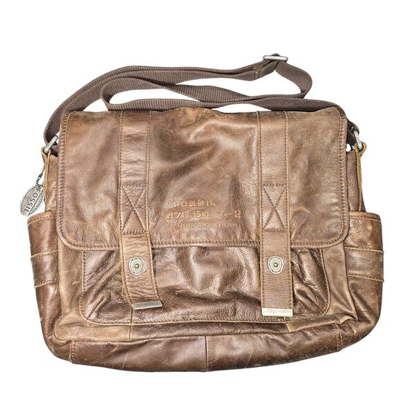Vintage Fossil Brown Leather Distressed Laptop Computer Shoulder Bag 18x12x4 - Picture 1 of 10